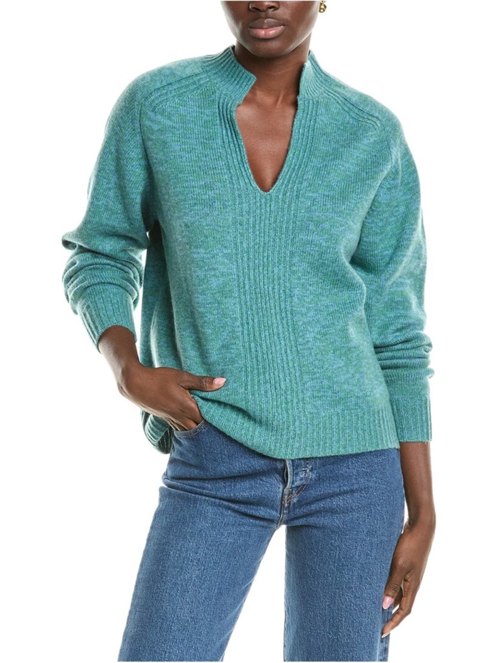 NaadamTeal V-Neck Ribbed Knit Women's Sweater